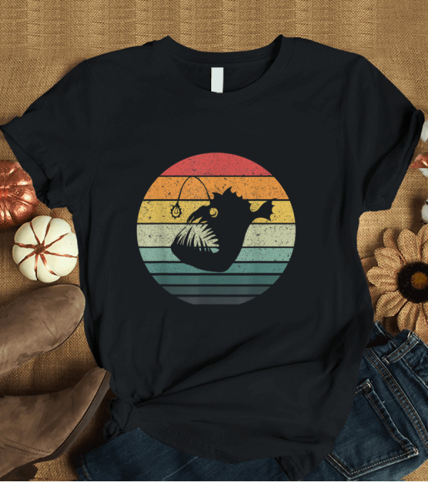 T-Shirt: Retro Striped Angler Fish Silhouette Vintage Aesthetic T-Shirt Retro Striped Angler Fish Silhouette Vintage Aesthetic T-Shirt