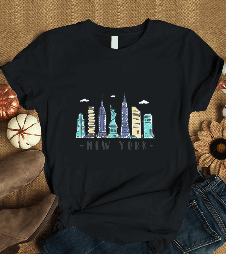 New York City Skyline NYC Watercolor Empire State Statue of Liberty Buildings T-Shirt