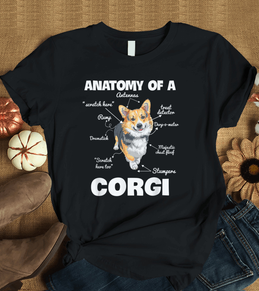 Anatomy of a Corgi: Antennas Scratch Here Treat Detector Derpo-Meter Majestic Chest Floof Rump Drumstick Scratch Here Too Stumpers T-Shirt