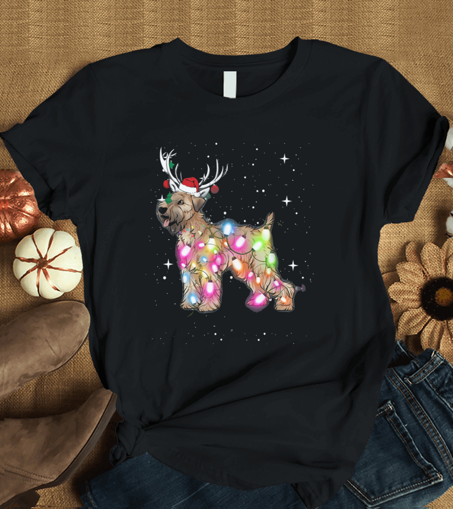 Soft Coated Wheaten Terrier with Antlers and Christmas Lights T-Shirt