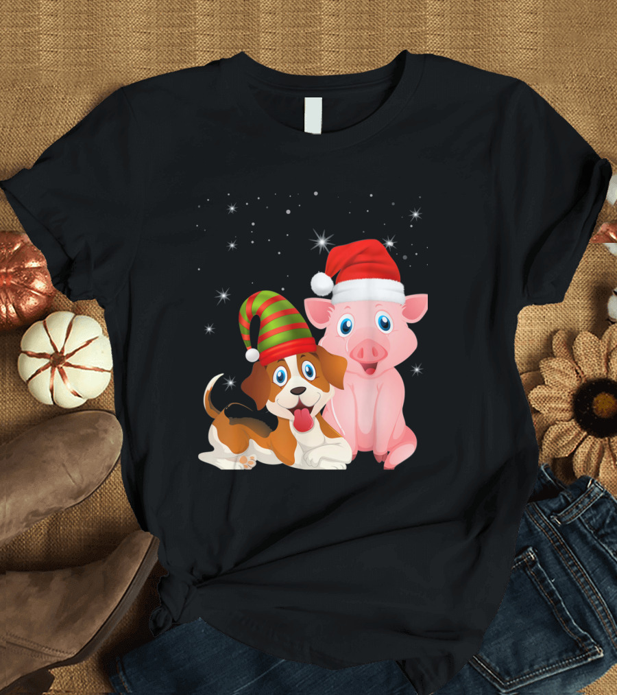 Christmas Dog and Pig in Santa Hats with Stars T-Shirt