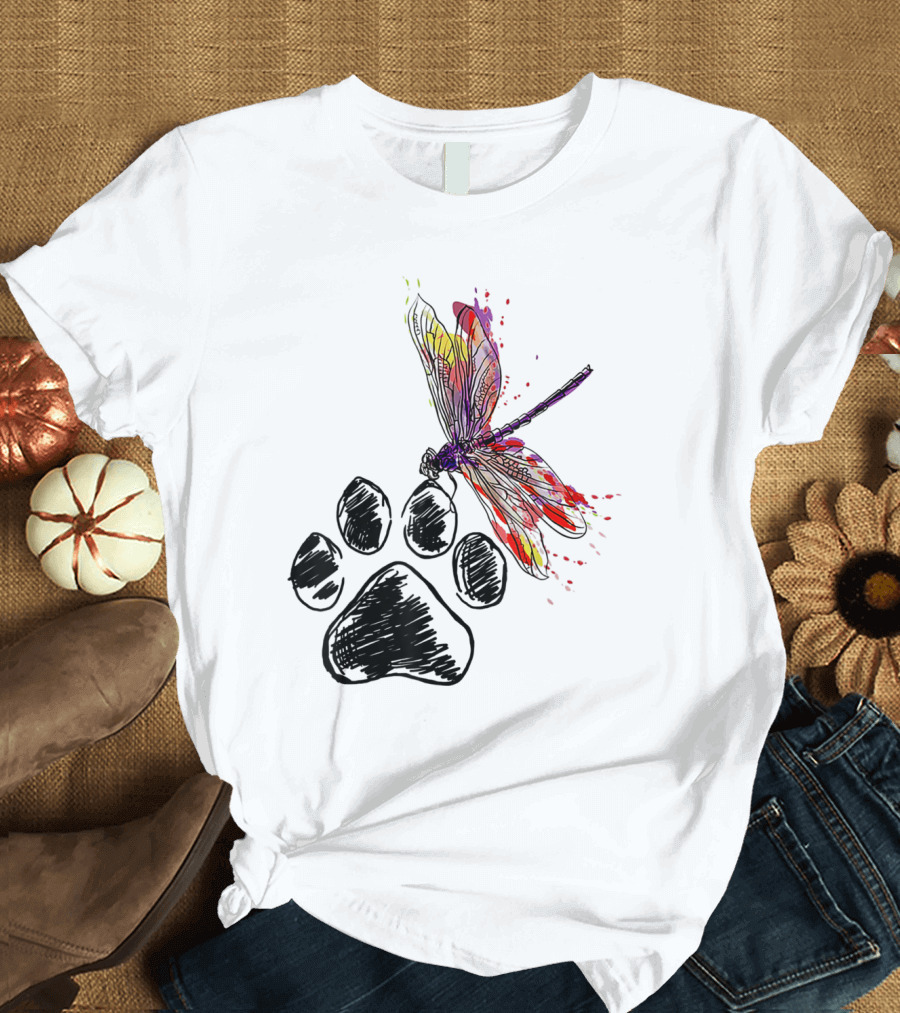 Dragonfly Dog Paw Vibrant Colors T-Shirt