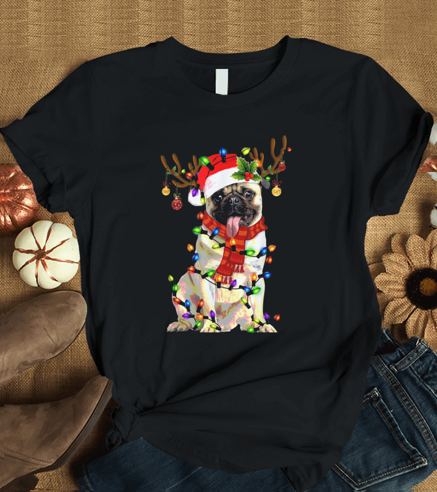 Pug Wearing Santa Hat Reindeer Antlers Christmas Lights Scarf Holiday T-Shirt