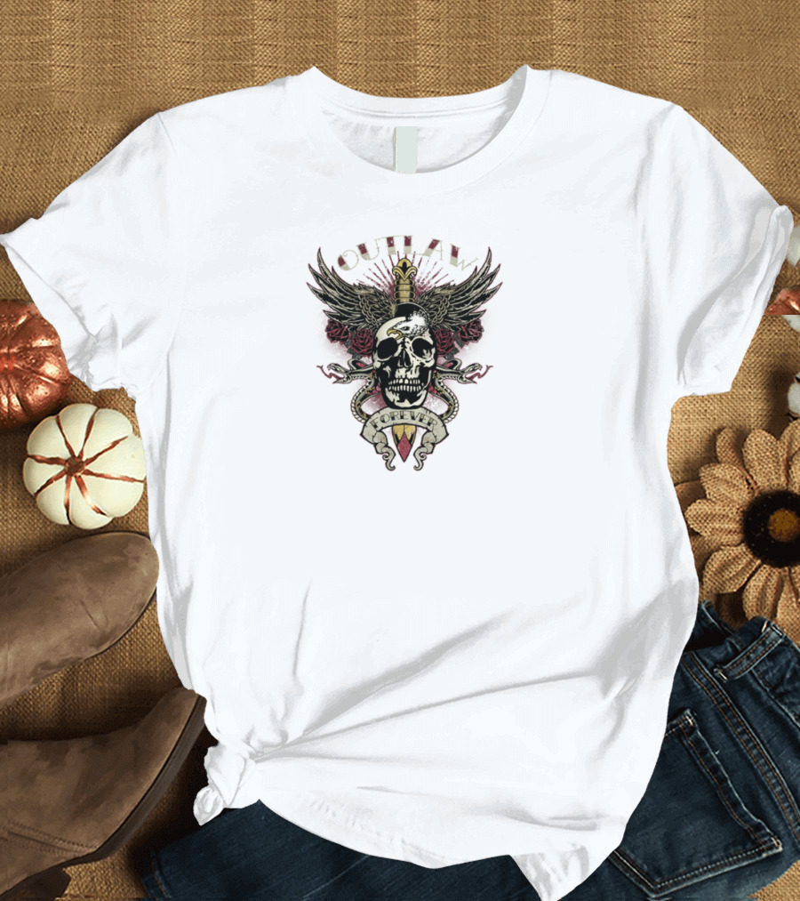 Outlaw Forever Skull with Wings and Sword Emblem T-Shirt