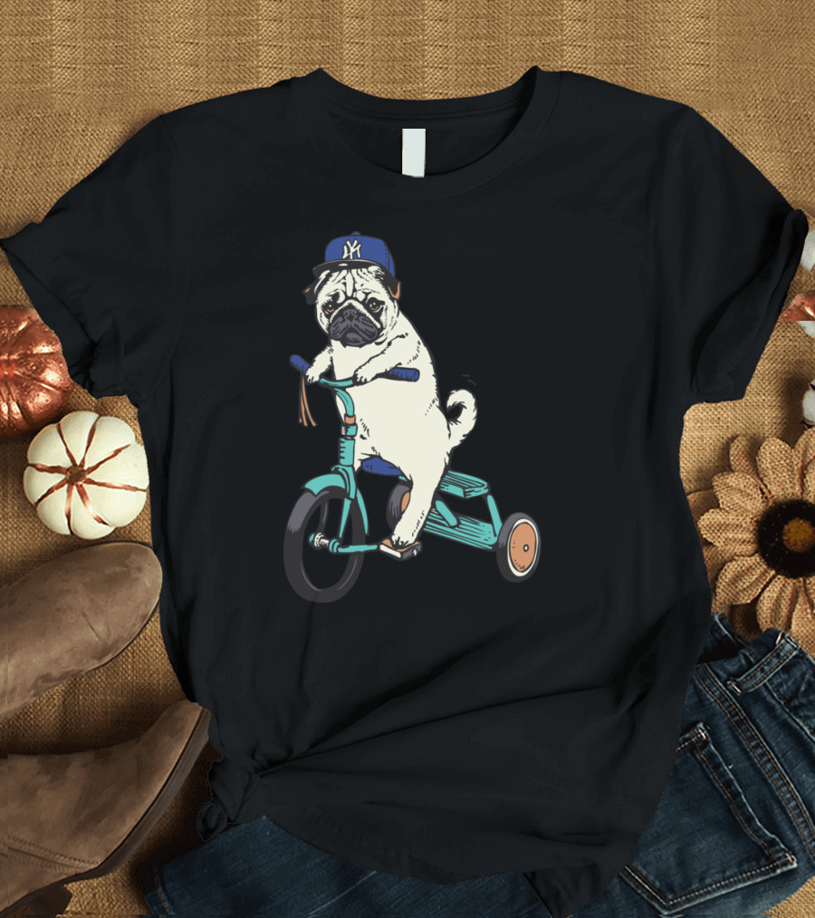 Pug With NY Cap Riding Tricycle T-Shirt