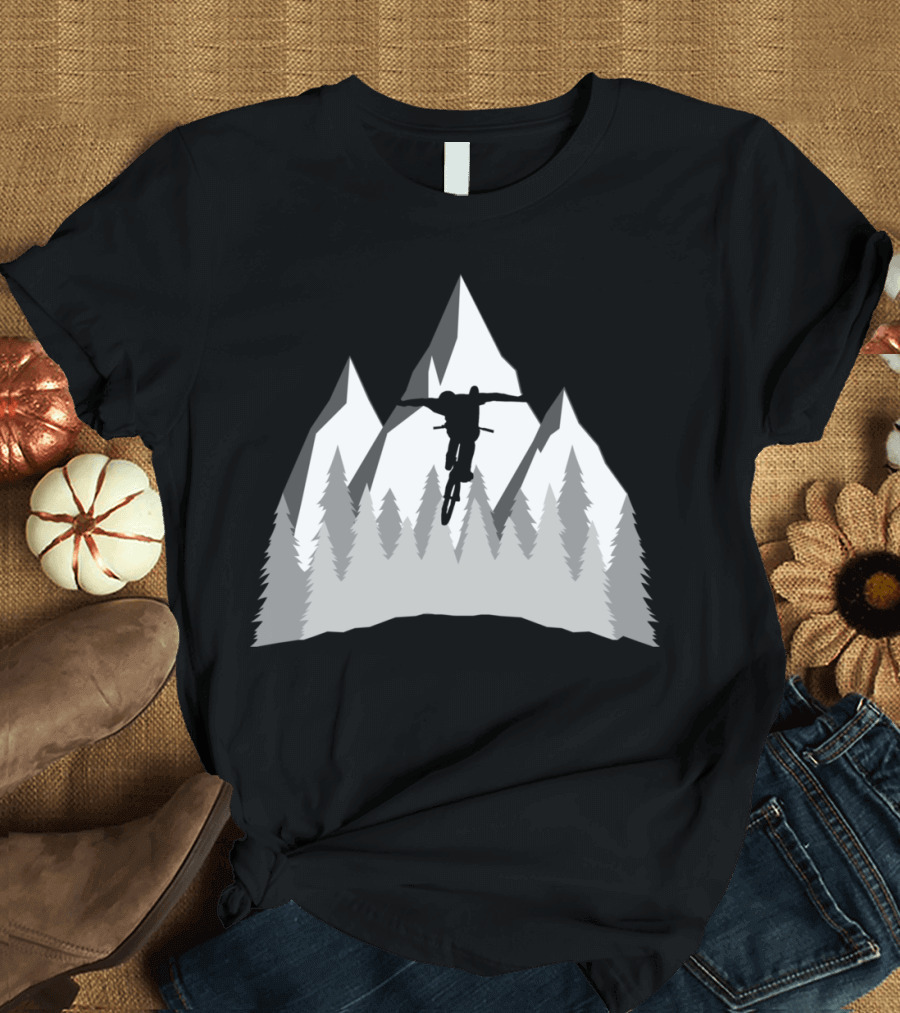 No Hander Mountain Bike Trick Silhouette with Mountain Forest Background T-Shirt