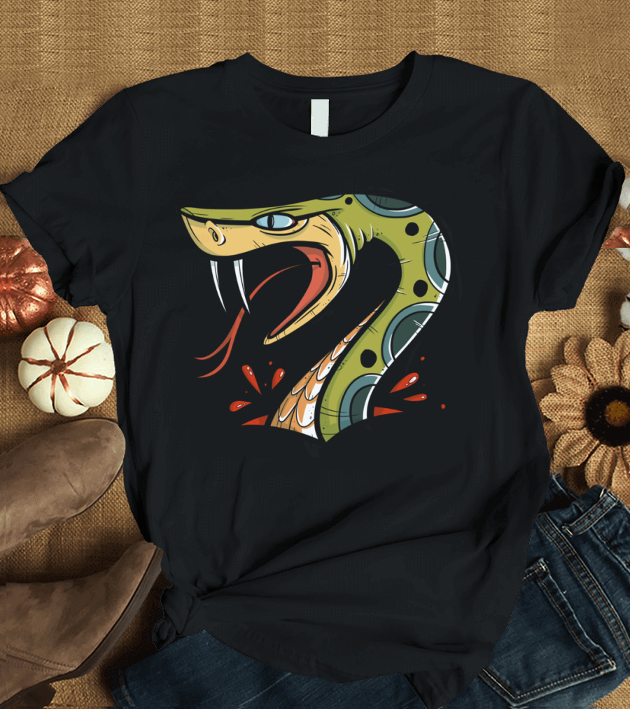 Traditional Snake Tattoo Illustration Venomous Fangs and Red Splash T-Shirt