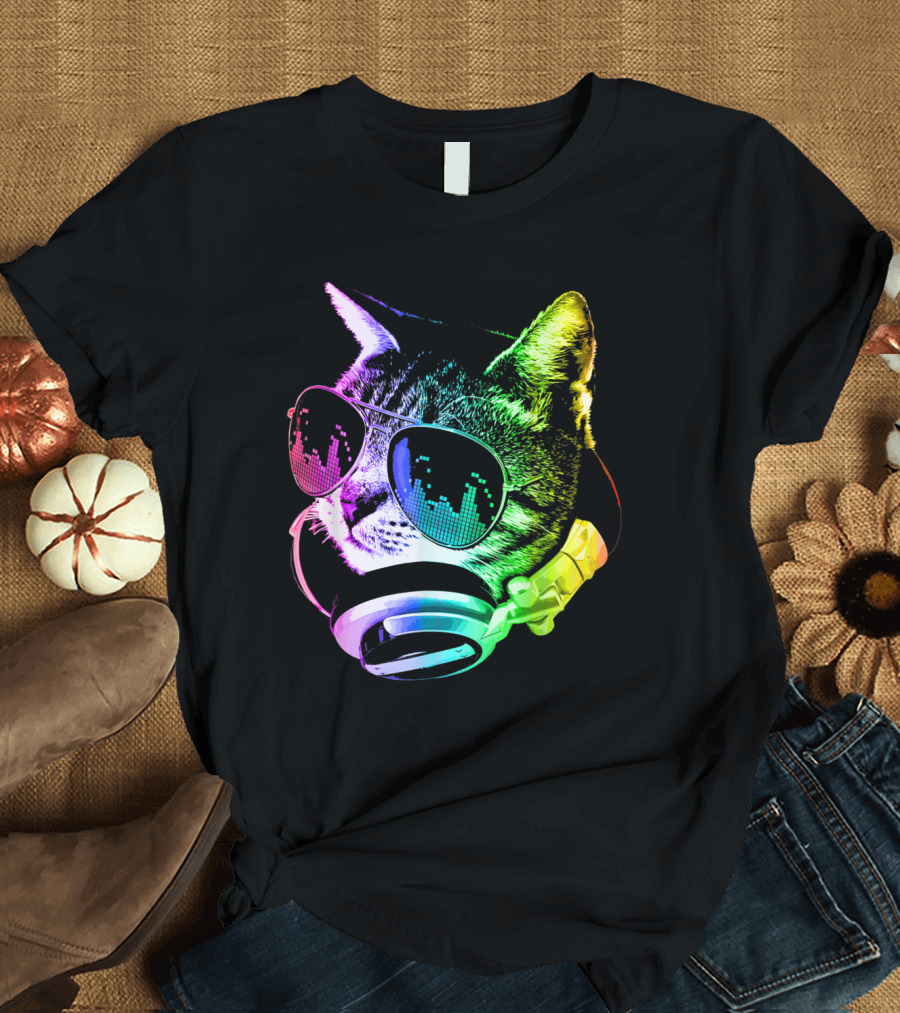 Rainbow DJ Cat with Headphones and Sunglasses T-Shirt