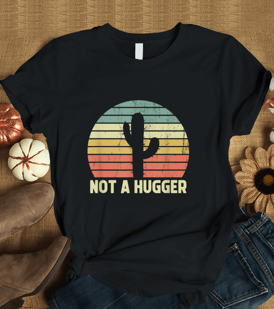 Not A Hugger Funny Cactus Sarcastic Introvert Retro Sunset T-Shirt