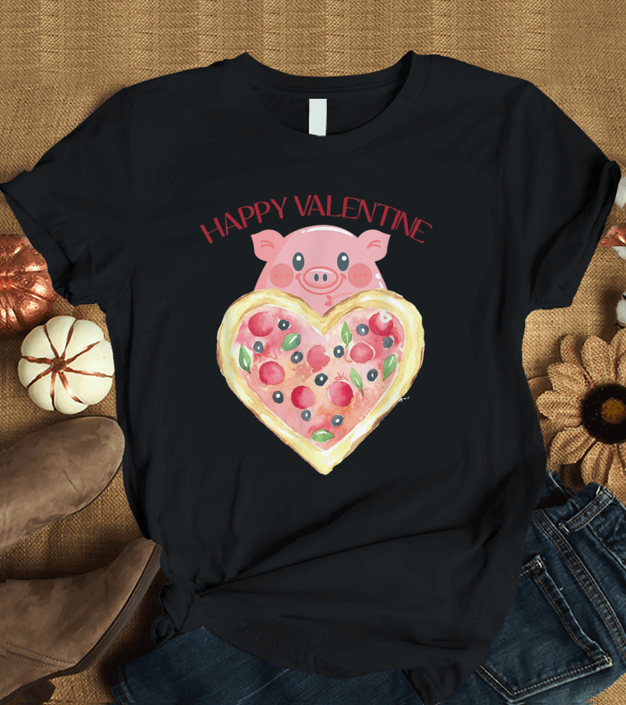 Happy Valentine Pig with Heart-Shaped Pizza T-Shirt