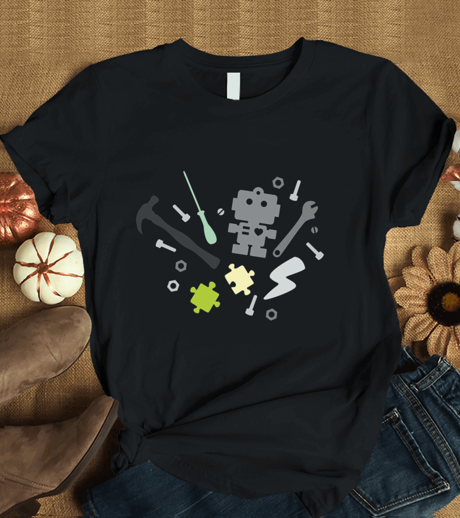 Young Engineer Robot Hammer Puzzle Fluo Green T-Shirt