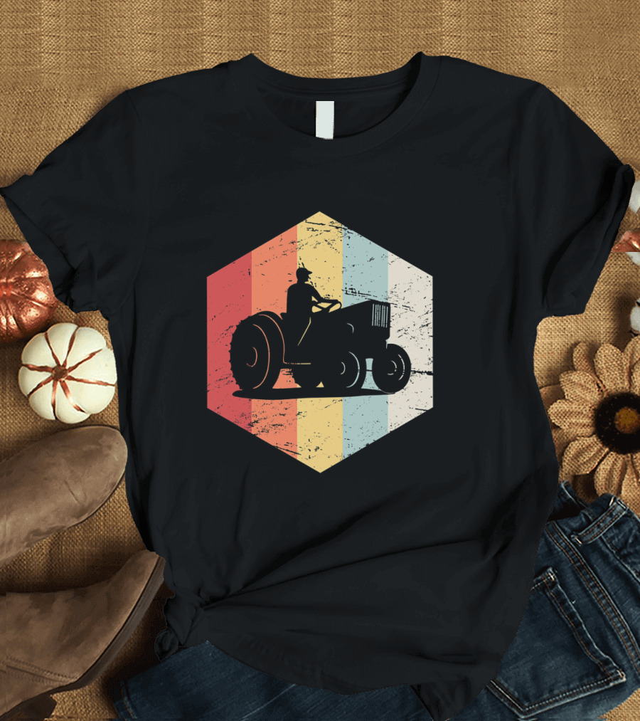 Retro Vintage Farmer Tractor Hexagon T-Shirt