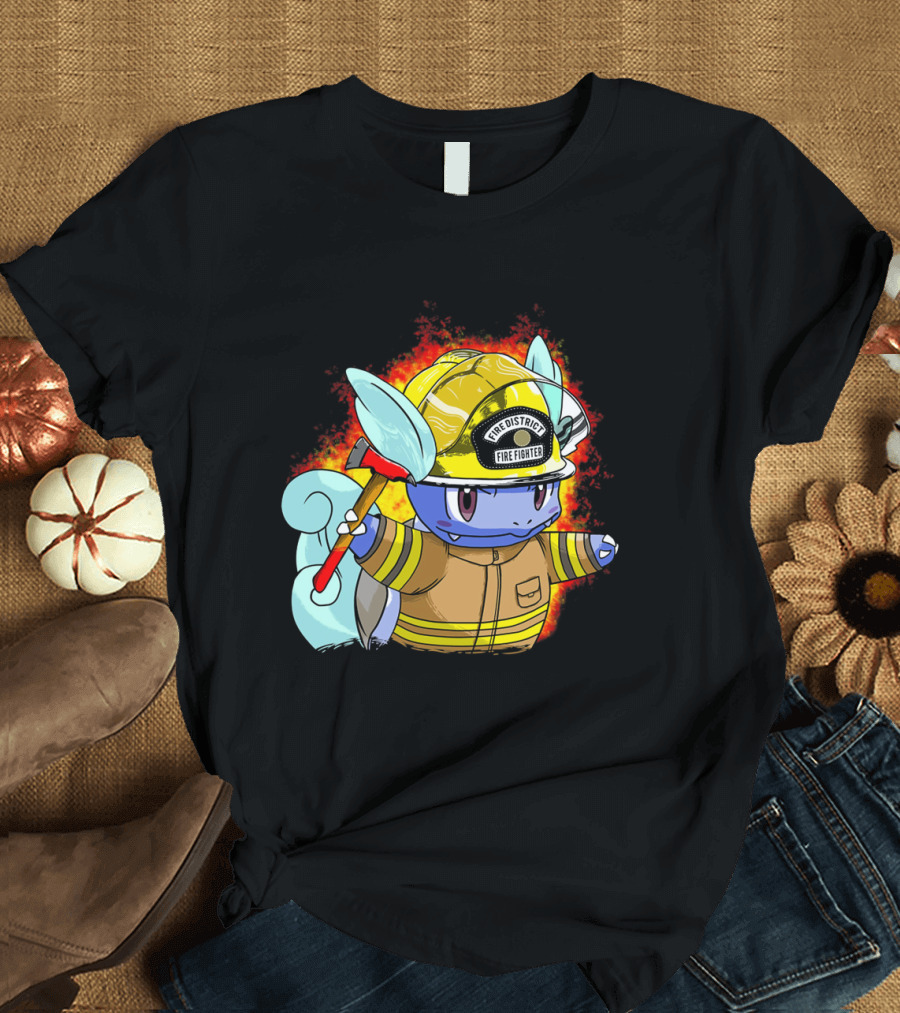 Fire District Fire Fighter Squirtle Firefighter Helmet Flame Background T-Shirt