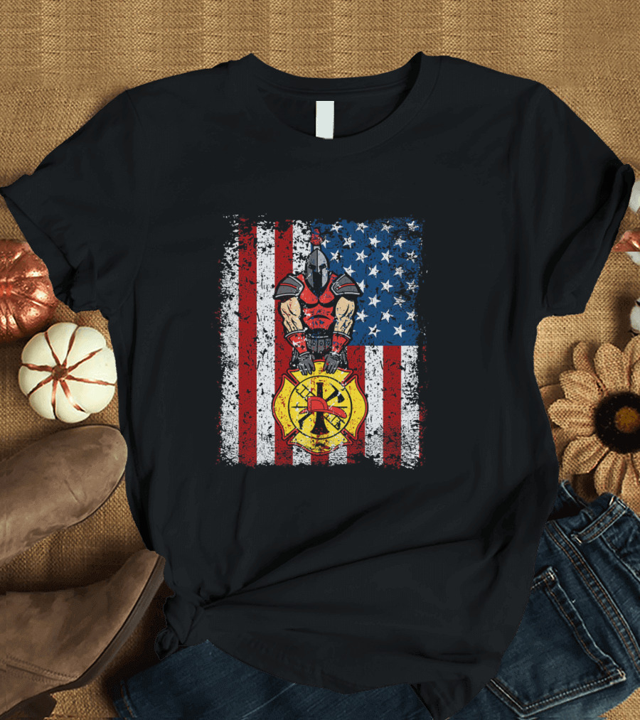American Flag Firefighter Trojan Warrior Helmet Courage Strength T-Shirt