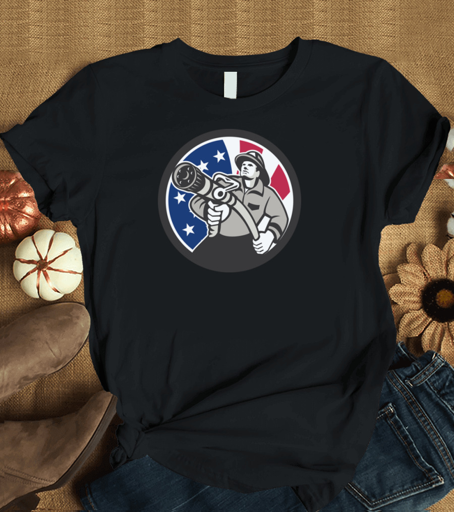 American Fireman Holding Hose with USA Flag Background T-Shirt