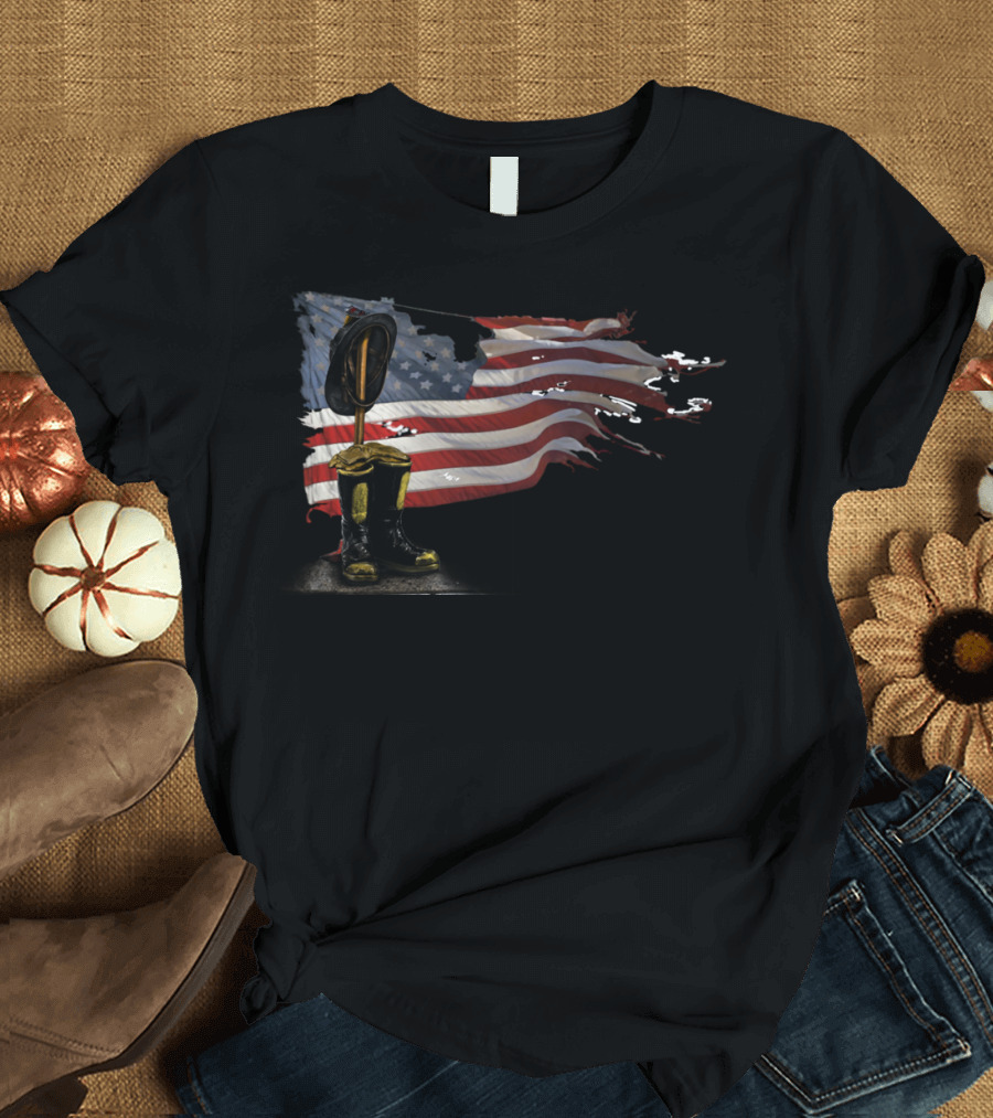 Fallen FireFighter American Flag Tribute with Helmet and Boots T-Shirt