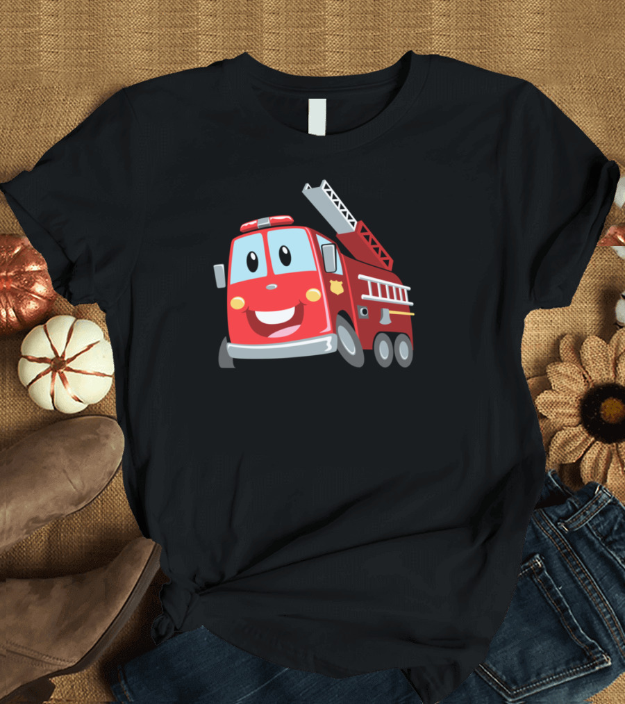 Firetruck Smiling Cartoon Red Ladder Engine T-Shirt