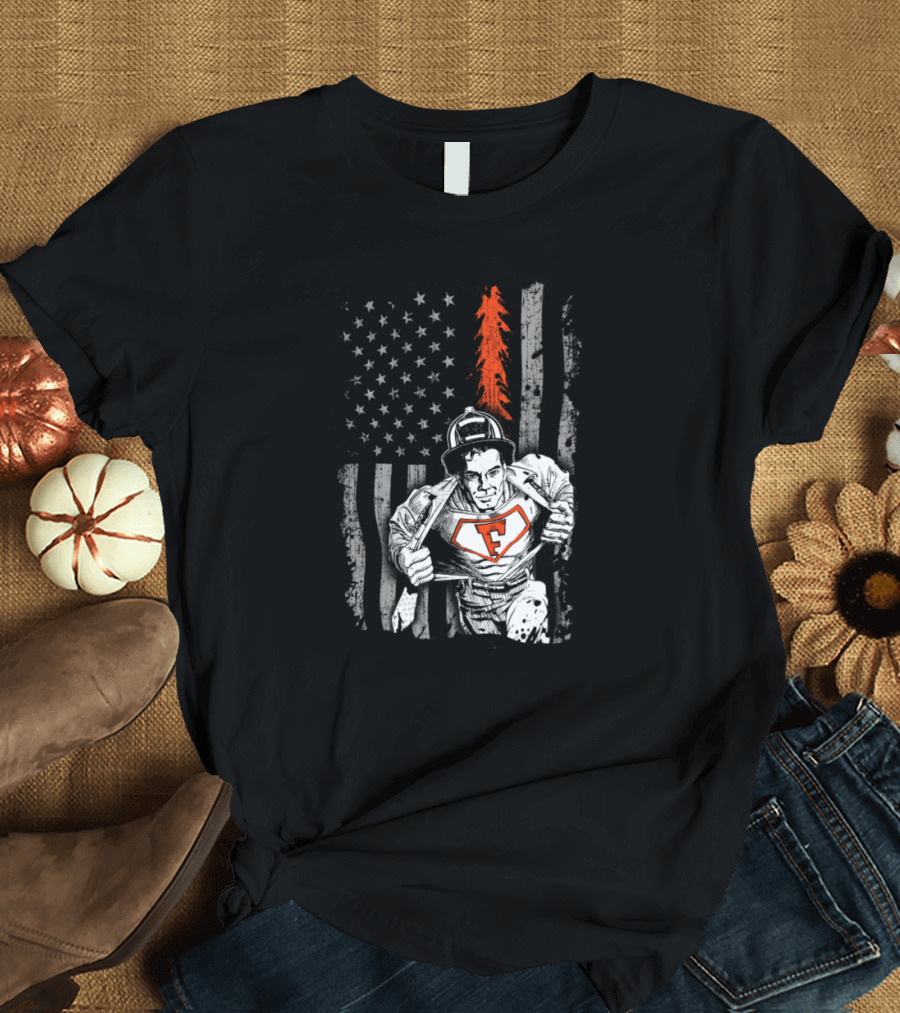 Firefighter Hero American Flag with Volunteer Firefighter T-Shirt