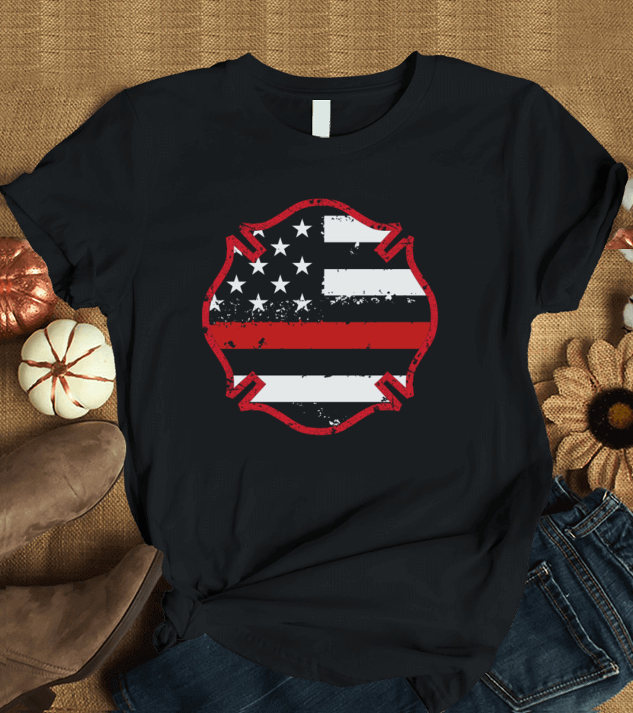Firefighter Thin Red Line American Flag Maltese Cross T-Shirt