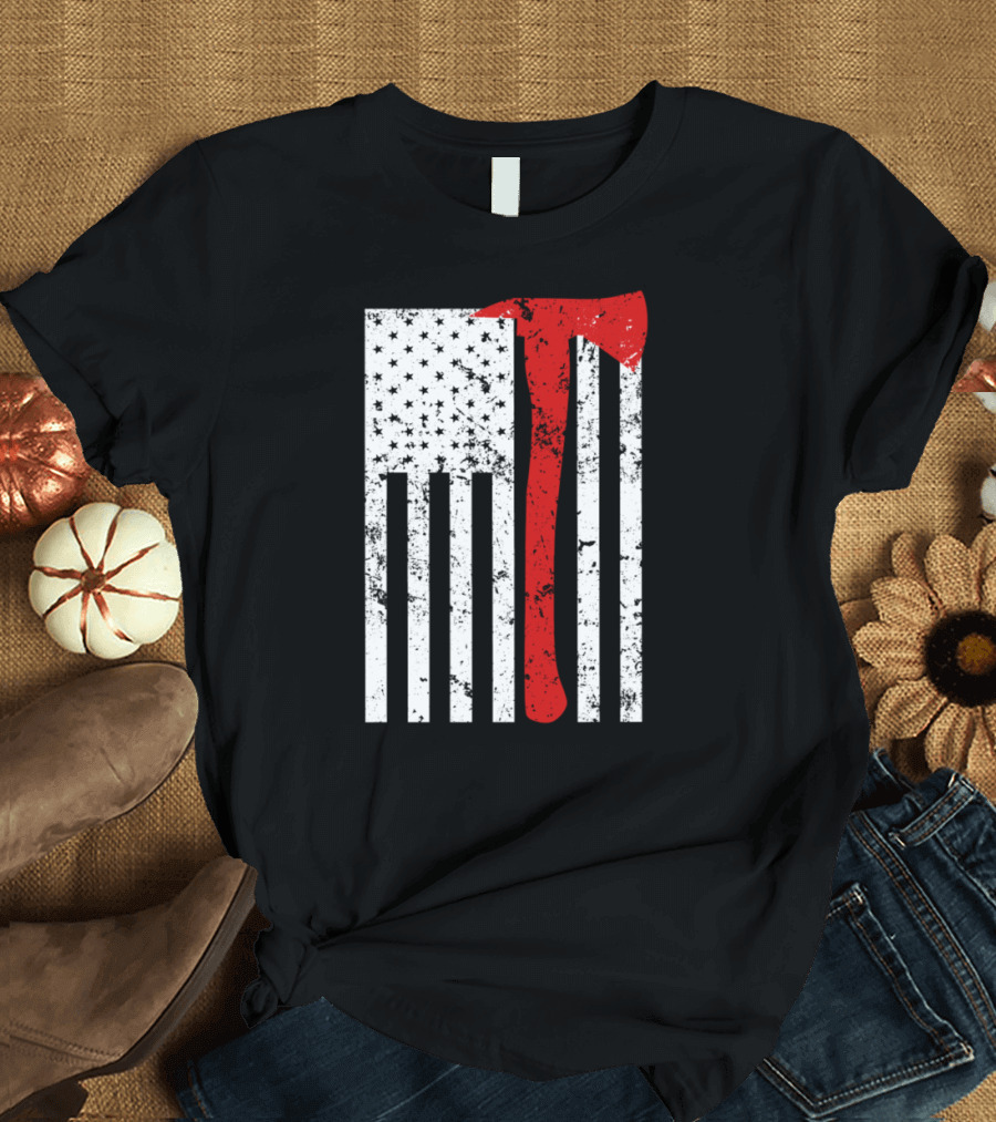 Proud Firefighter US Flag Thin Red Line Axe Stars Stripes T-Shirt