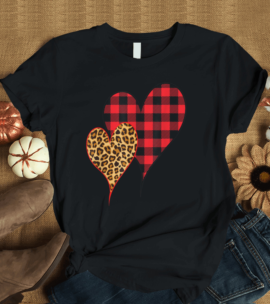 Two Hearts Leopard Buffalo Plaid Valentine's Day Girl T-Shirt