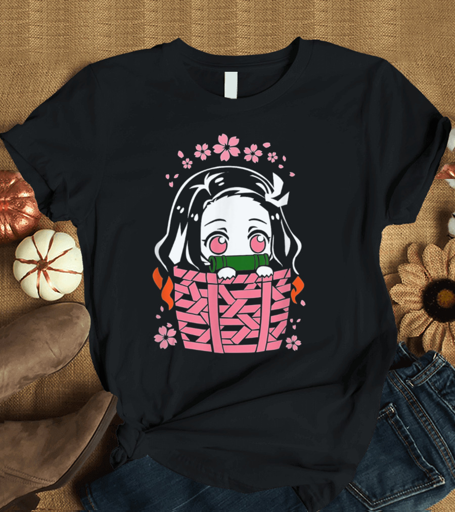 Cute Slayer Demon Nezuko in Basket with Cherry Blossoms T-Shirt