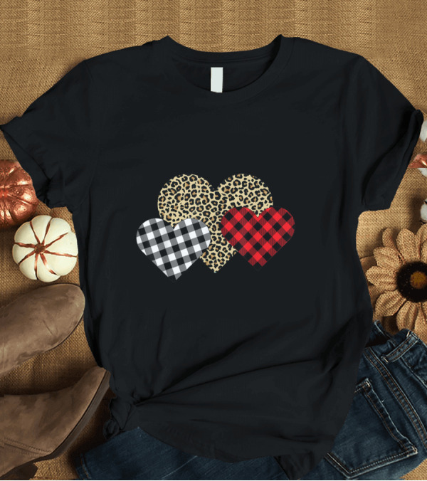 T-Shirt: Funny Leopard and Buffalo Plaid Printed Love Heart Trio T-Shirt Funny Leopard and Buffalo Plaid Printed Love Heart Trio T-Shirt