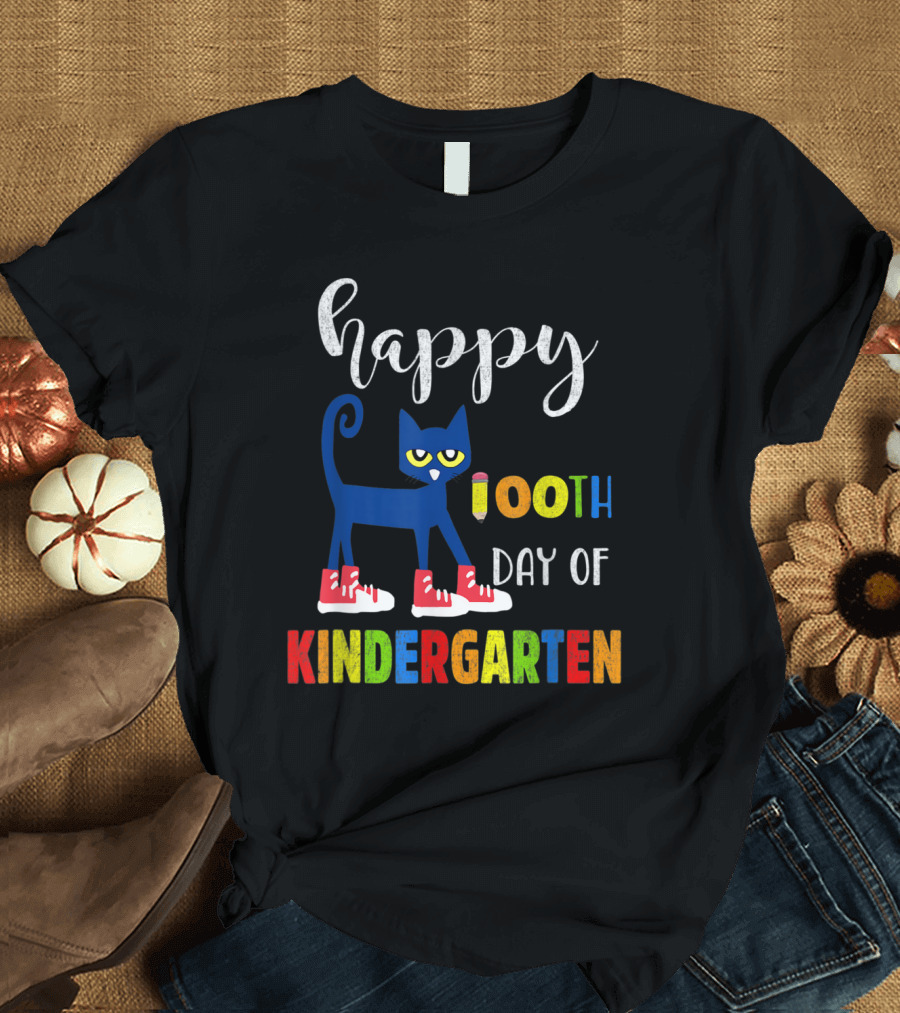 Happy 100th Day of Kindergarten with Blue Cat in Red Shoes T-Shirt