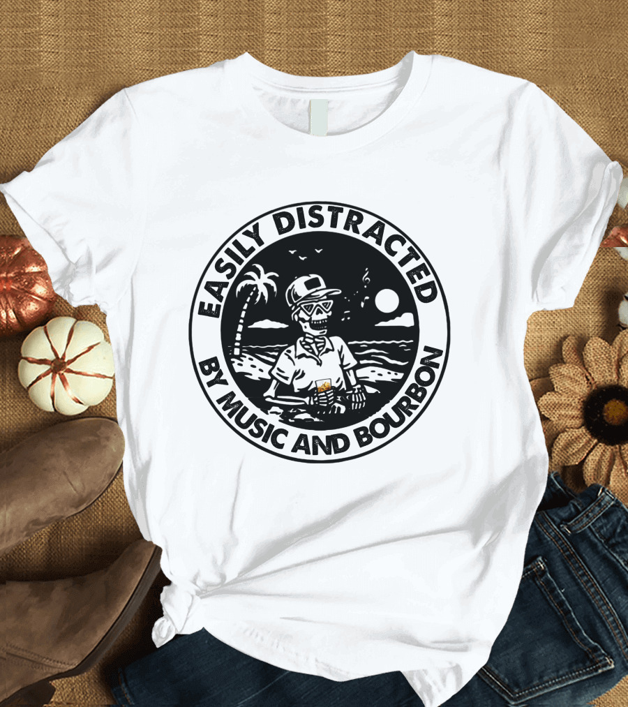 Easily Distracted By Music And Bourbon Skeleton Beach Palm Moon T-Shirt