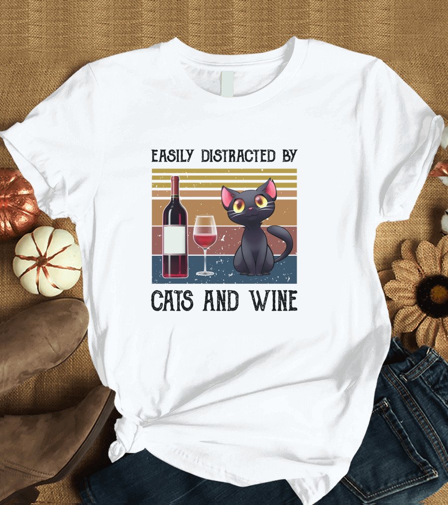 Easily Distracted By Cats And Wine With Cute Black Cat And Wine Bottle T-Shirt
