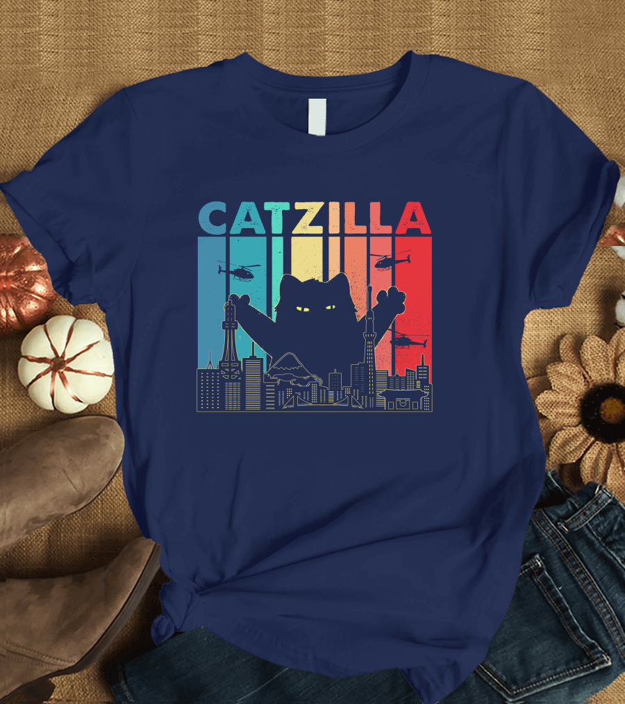 Catzilla Japanese Cat Cityscape with Helicopters and Sunset Colors T-Shirt