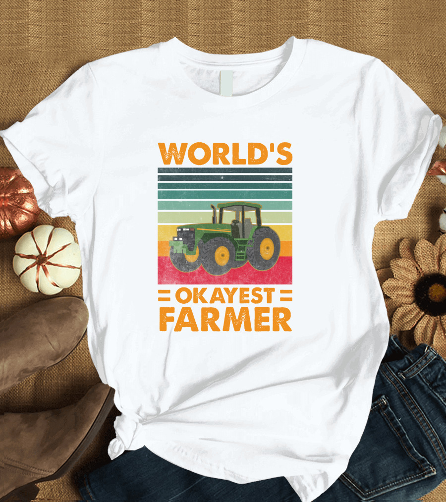 World's Okayest Farmer with Vintage Tractor and Colorful Stripes T-Shirt