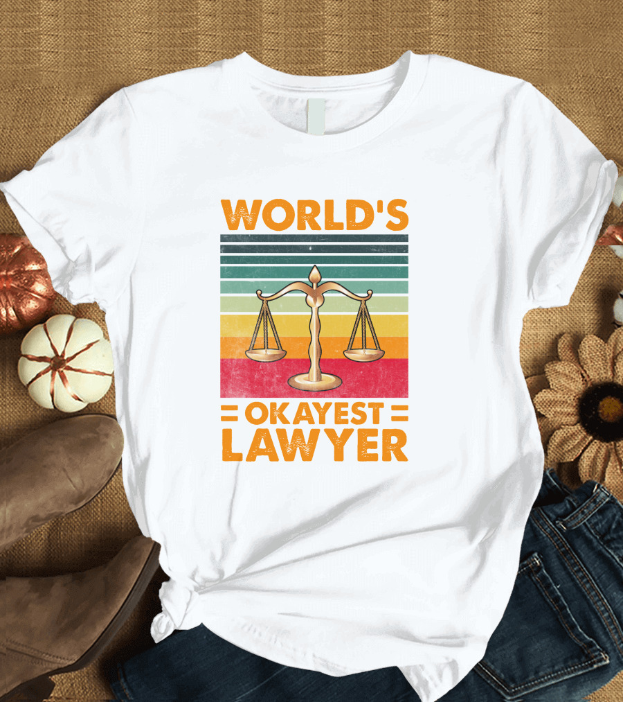 World's Okayest Lawyer Scales of Justice Retro Rainbow Stripes T-Shirt