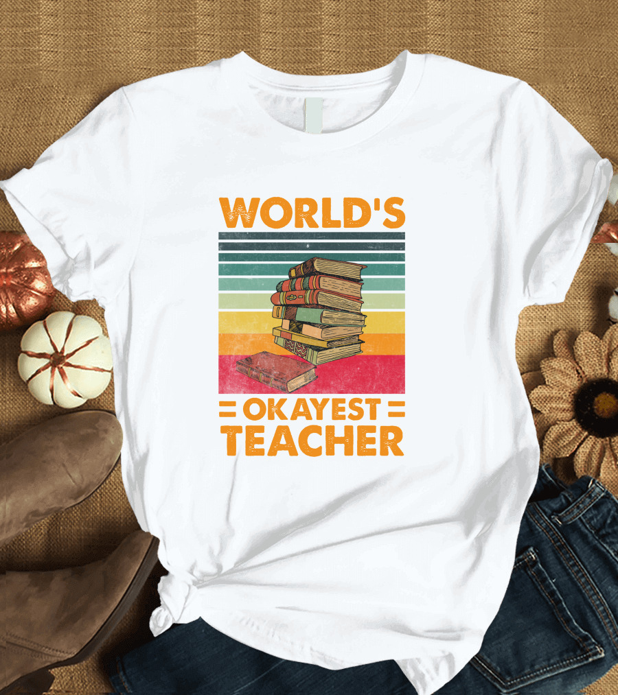 World's Okayest Teacher Retro Stack of Books T-Shirt