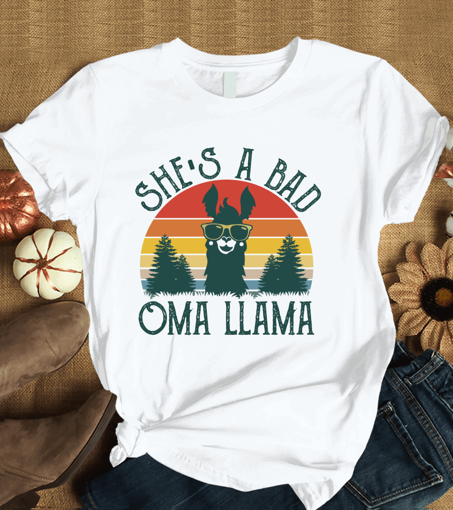She's A Bad Oma Llama Retro Sunset Vibes T-Shirt