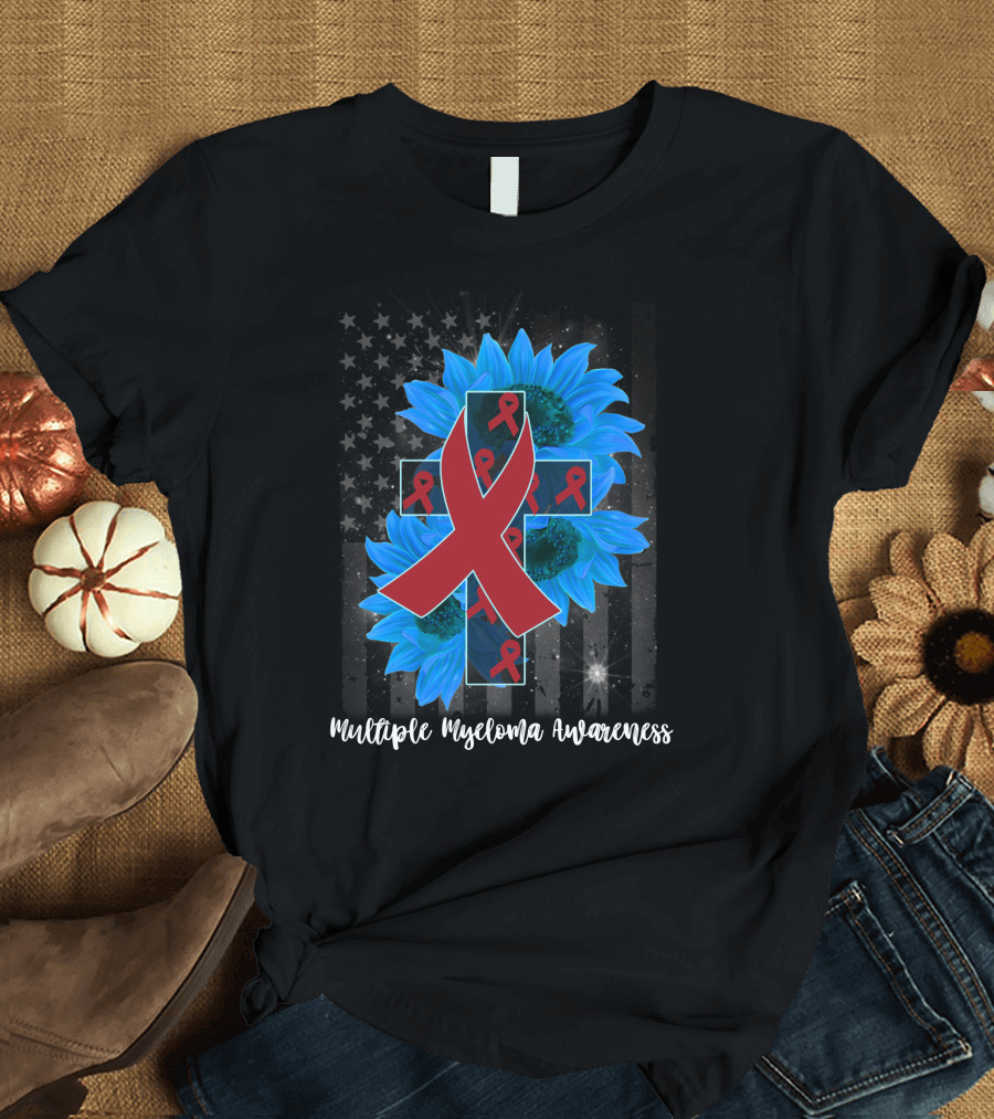 Multiple Myeloma Awareness Blue Sunflower Cross American Flag T-Shirt