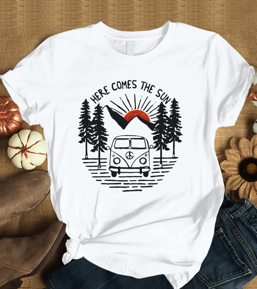 Here Comes The Sun Vintage Van Sunset Forest Scene T-Shirt