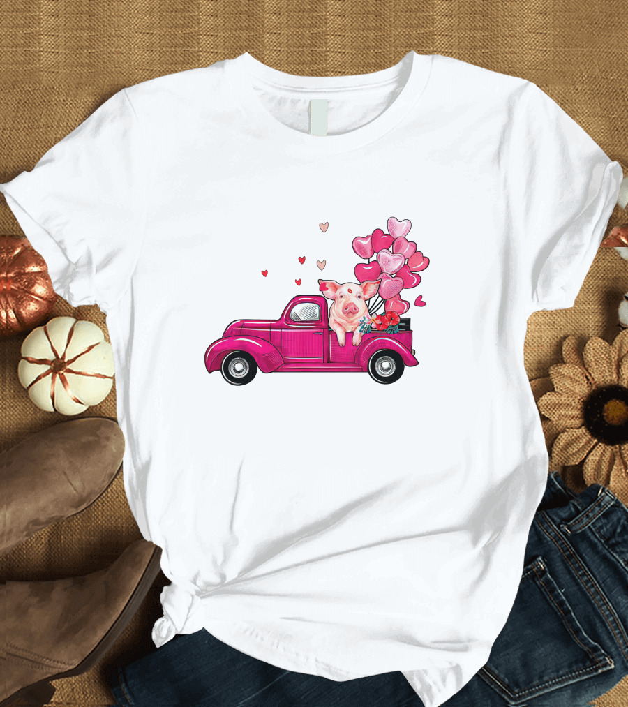 Too Cute Valentine Pig with Heart Balloons in Vintage Truck Costume Boy Girl T-Shirt