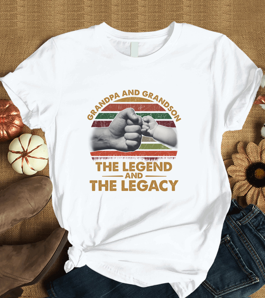 Grandpa And Grandson The Legend And The Legacy Fist Bump Vintage Stripes T-Shirt