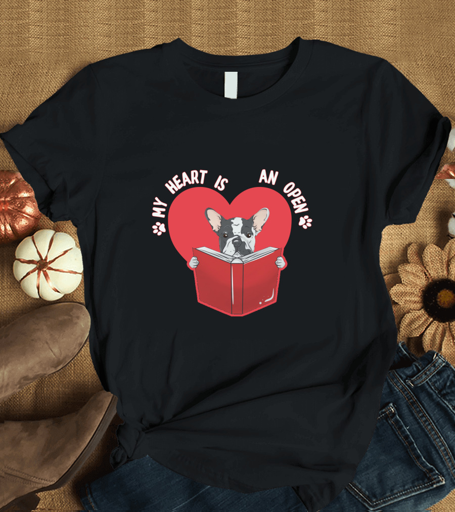 Valentines Day Reading My Heart Is An Open Book Bulldog T-Shirt