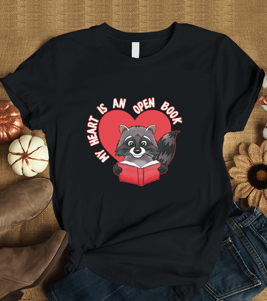 My Heart Is An Open Book Raccoon Valentines Day Reading T-Shirt
