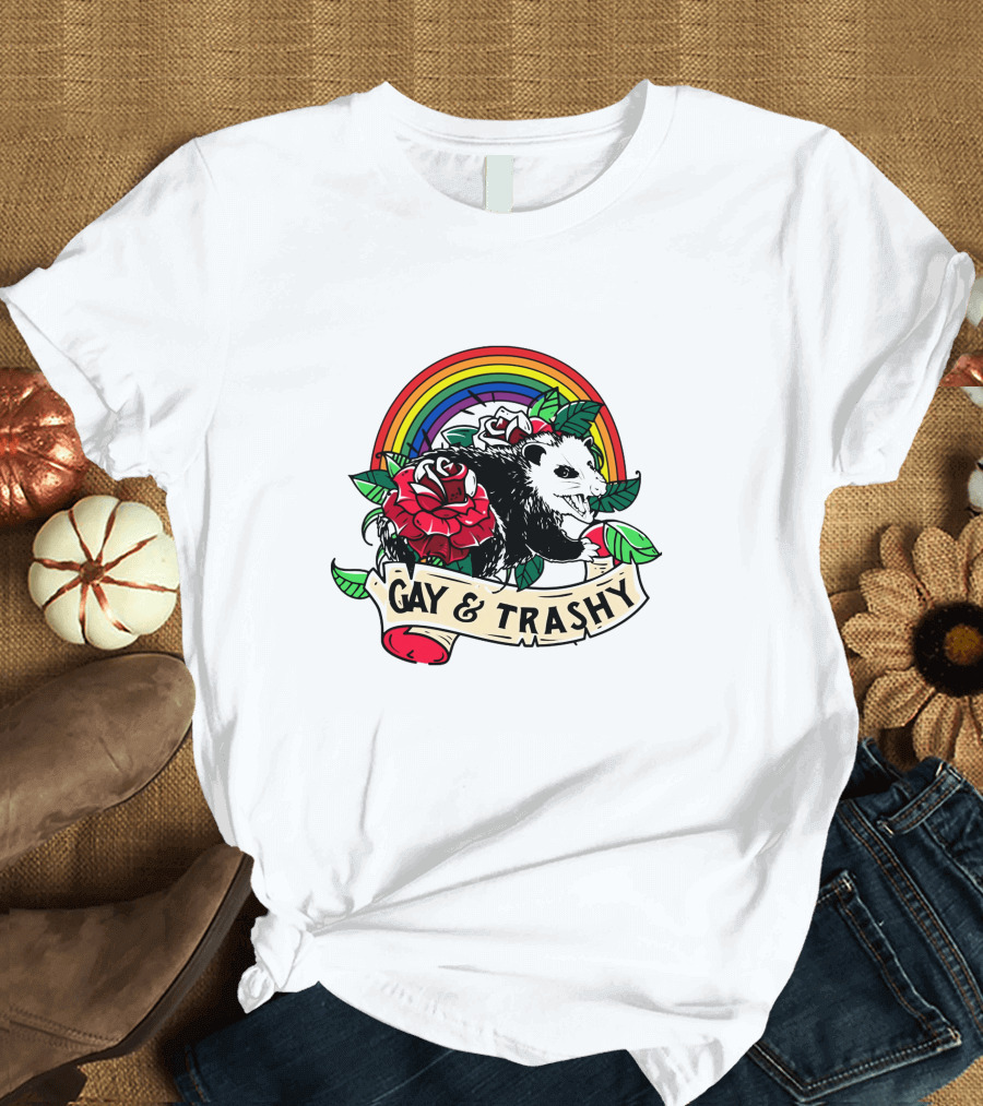 Gay and Trashy Raccoon with Rainbow and Roses T-Shirt