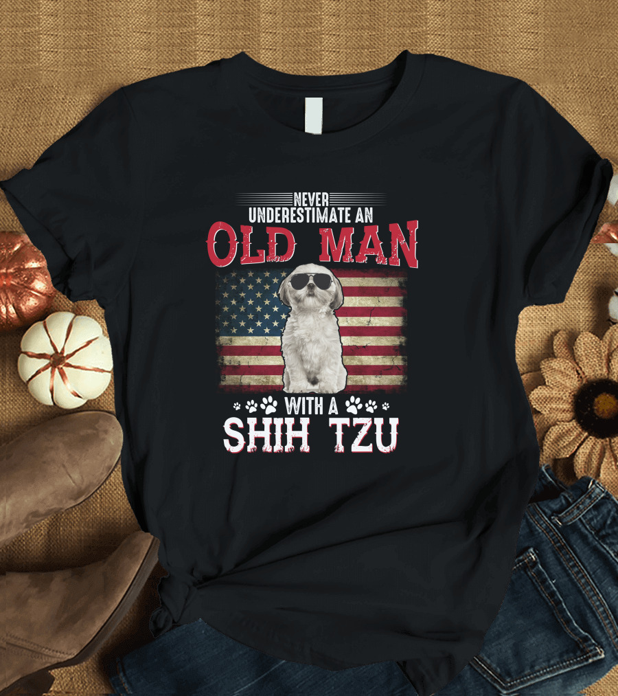 Never Underestimate An Old Man With A Shih Tzu American Flag Sunglasses T-Shirt