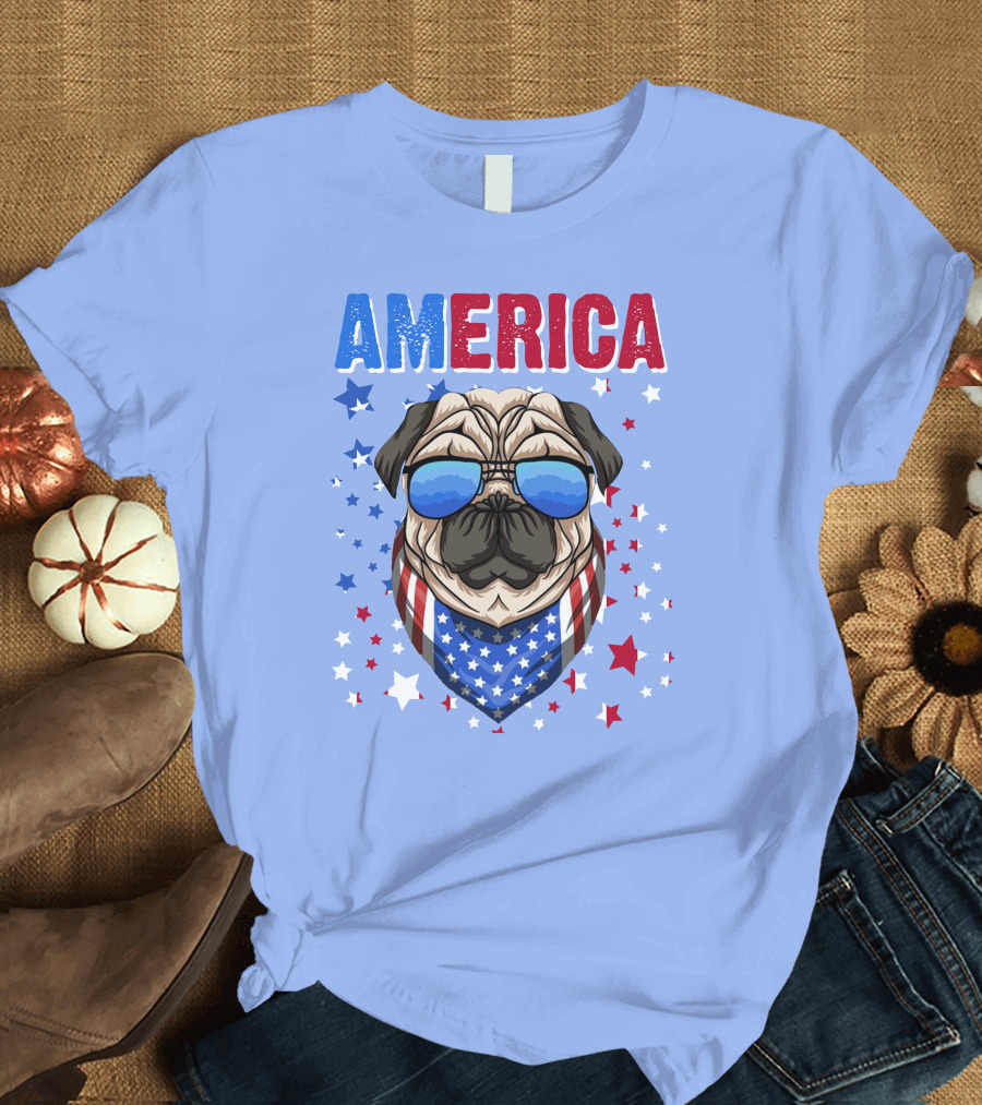 RD America Pug Sunglasses Bandana Stars T-Shirt