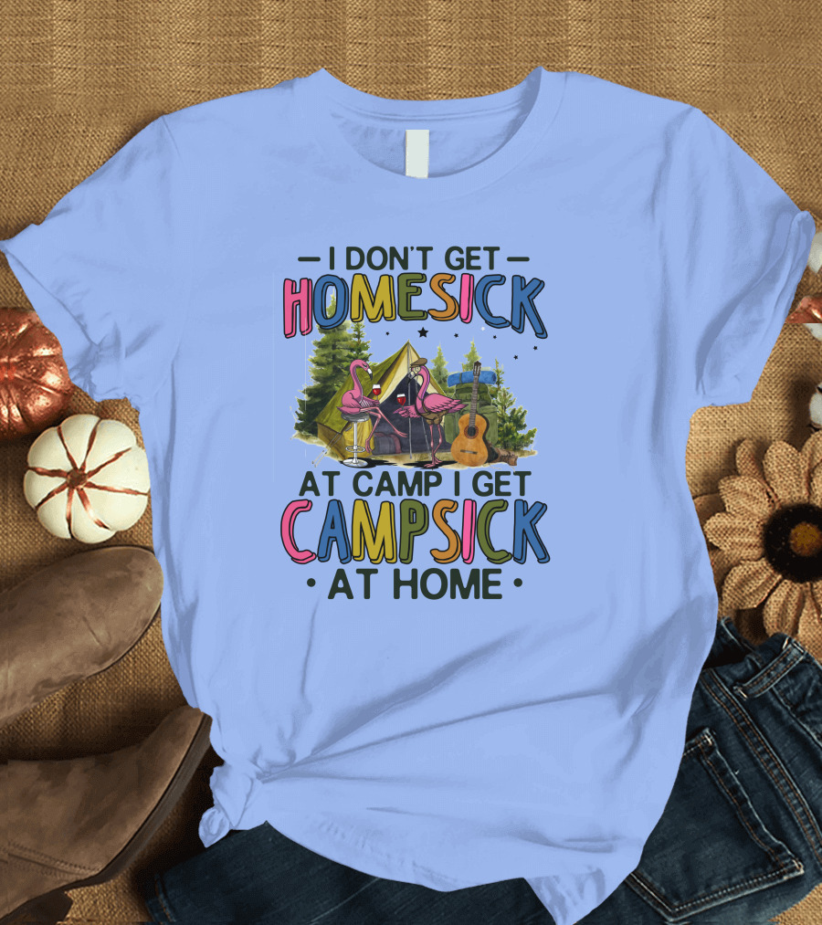 I Don't Get Homesick at Camp I Get Campsick at Home Pink Flamingos Tent Guitar T-Shirt