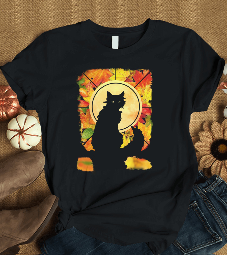 Black Cat Autumn Leaves Silhouette with Full Moon T-Shirt