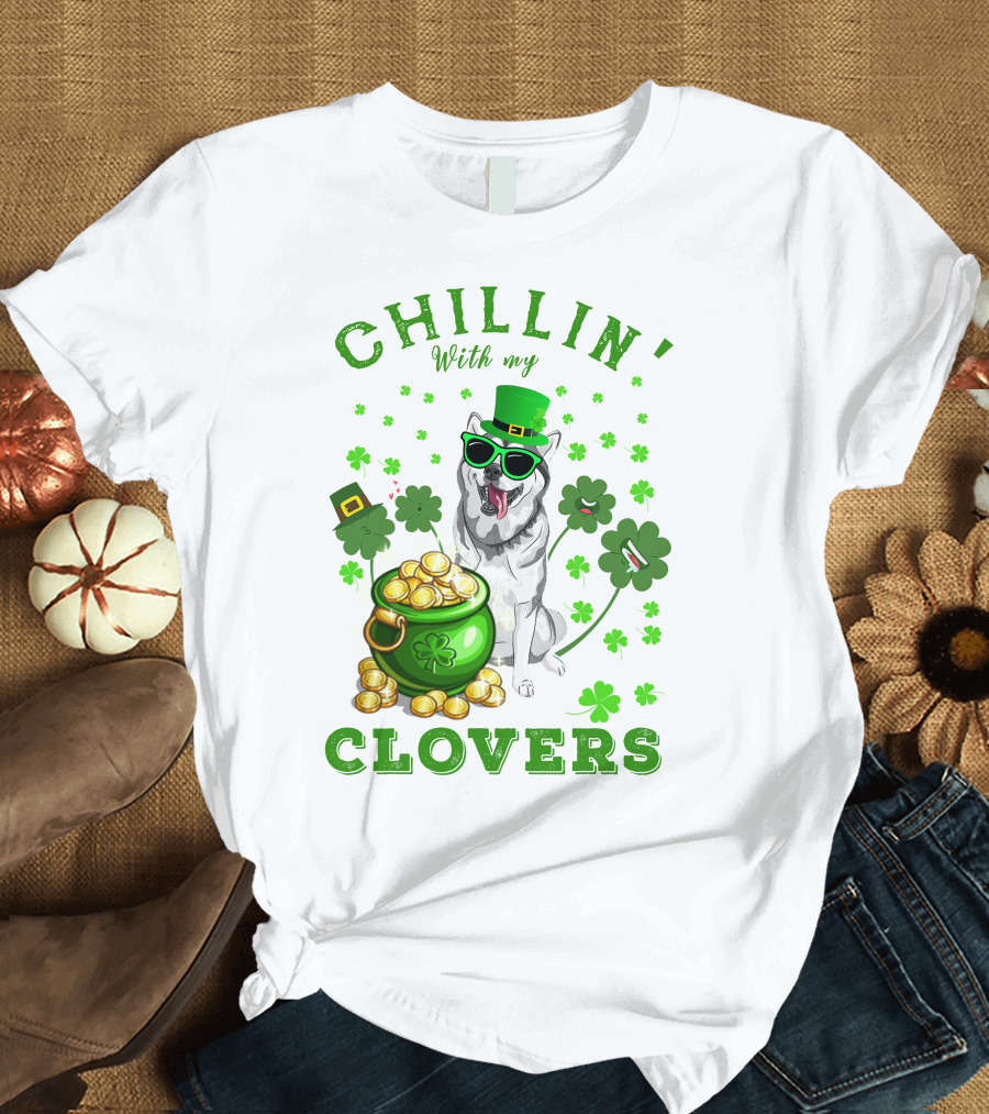 Chillin' With My Clovers Husky in Green Hat with Sunglasses and Gold Coins T-Shirt