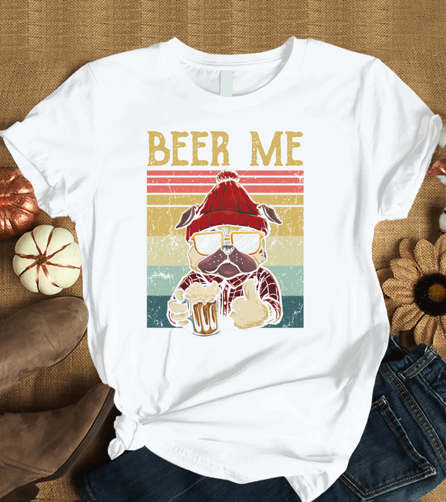 Beer Me Pug with Wool Hat and Sunglasses Holding Beer Mug T-Shirt