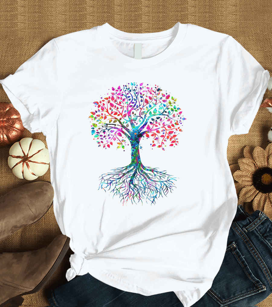 Tree Of Life Vibrant Multicolored Rainbow Watercolor T-Shirt