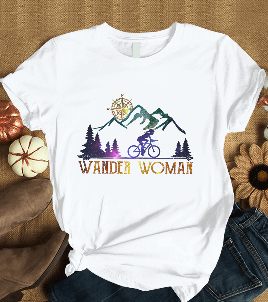 Wander Woman Bicycle Adventure Compass Mountains and Trees T-Shirt